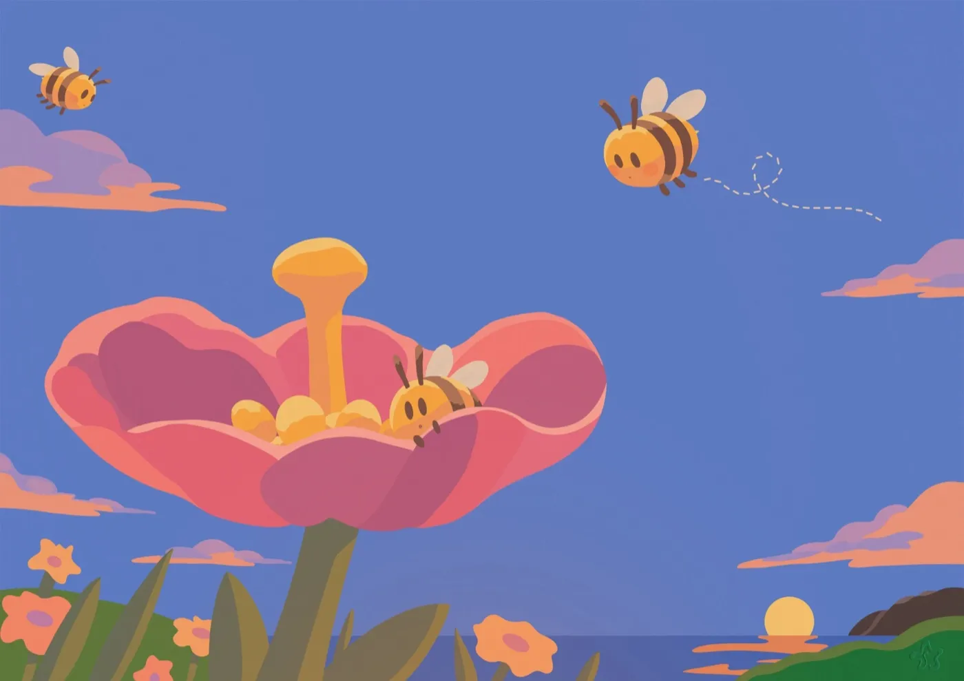 Trois abeilles rondes et souriantes autour d'un grand coquelicot rose vu d'en bas. Deux volent dans un ciel bleu strié de nuages orange et mauves, l'une laissant un sillage en pointillés ; la troisième est posée au creux des pétales, contre les étamines jaunes. En bas, des fleurs orangées dans l'herbe, et la mer où se couche un soleil jaune au pied d'une falaise.