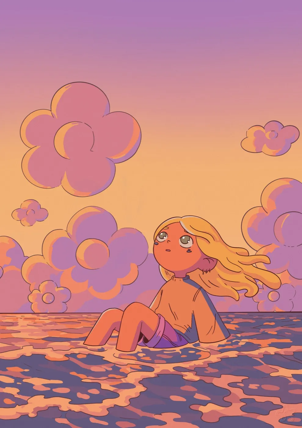 Une jeune fille assise dans l'eau jusqu'à la taille, longs cheveux blonds soulevés par le vent, le regard levé vers un ciel de coucher de soleil où les nuages ont la forme de grosses fleurs roses et violettes.