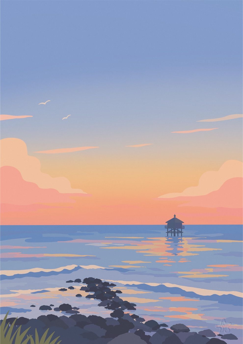 Un coucher de soleil sur le bassin. Une cabane sur pilotis se découpe en silhouette sur l'horizon, ses reflets orangés étirés sur l'eau calme. Le ciel passe du bleu au rose et à l'orange, avec des nuages roses de chaque côté et deux mouettes. Au premier plan, des rochers sombres avancent dans l'eau en chemin, et des herbes vertes dépassent dans le coin gauche.