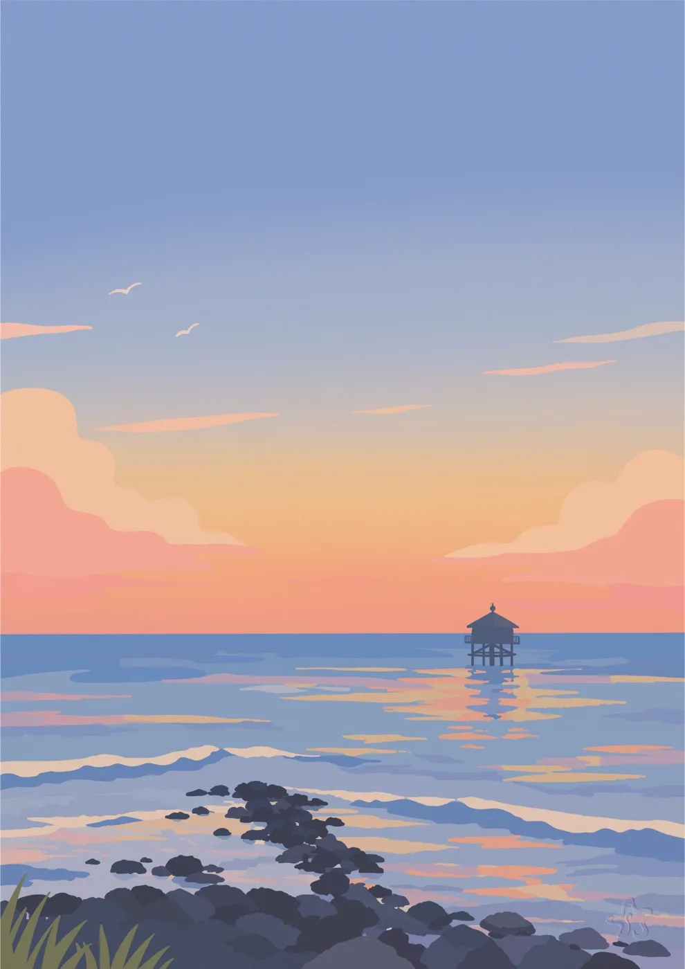 Un coucher de soleil sur le bassin. Une cabane sur pilotis se découpe en silhouette sur l'horizon, ses reflets orangés étirés sur l'eau calme. Le ciel passe du bleu au rose et à l'orange, avec des nuages roses de chaque côté et deux mouettes. Au premier plan, des rochers sombres avancent dans l'eau en chemin, et des herbes vertes dépassent dans le coin gauche.