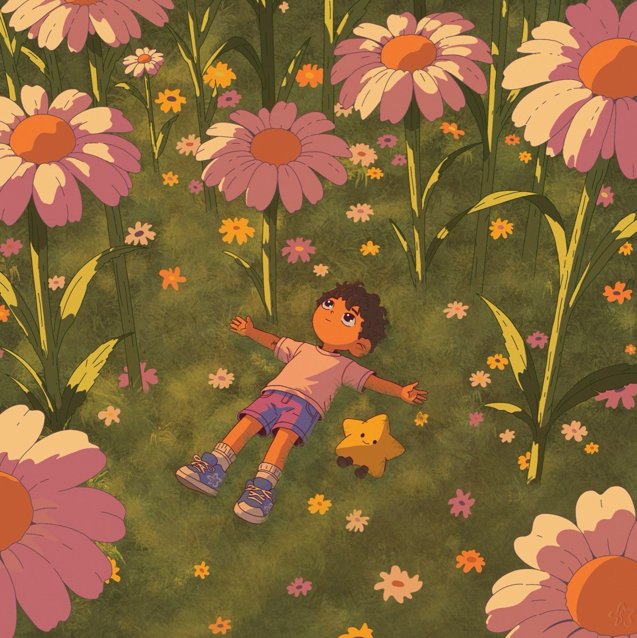 Un enfant allongé dans l'herbe, bras écartés, les yeux tournés vers le ciel, au milieu de marguerites roses géantes qui le dépassent de loin. Une petite étoile jaune souriante est posée près de lui.