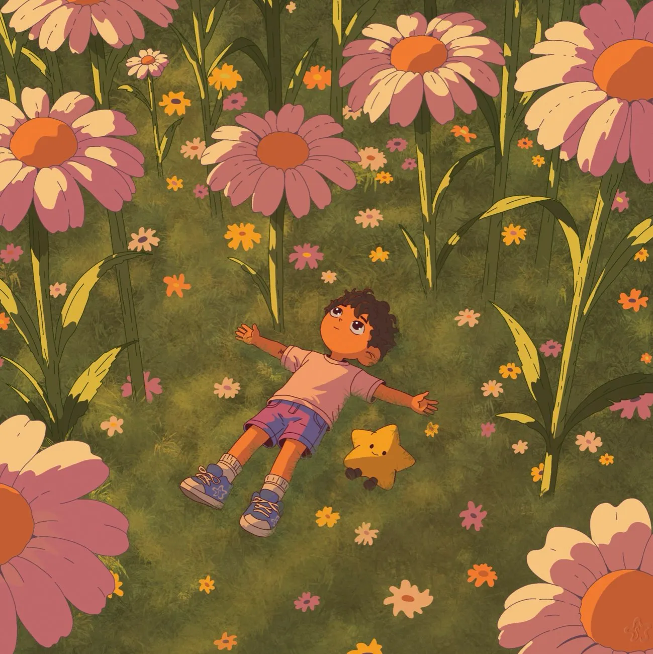 Un enfant allongé dans l'herbe, bras écartés, les yeux tournés vers le ciel, au milieu de marguerites roses géantes qui le dépassent de loin. Une petite étoile jaune souriante est posée près de lui.