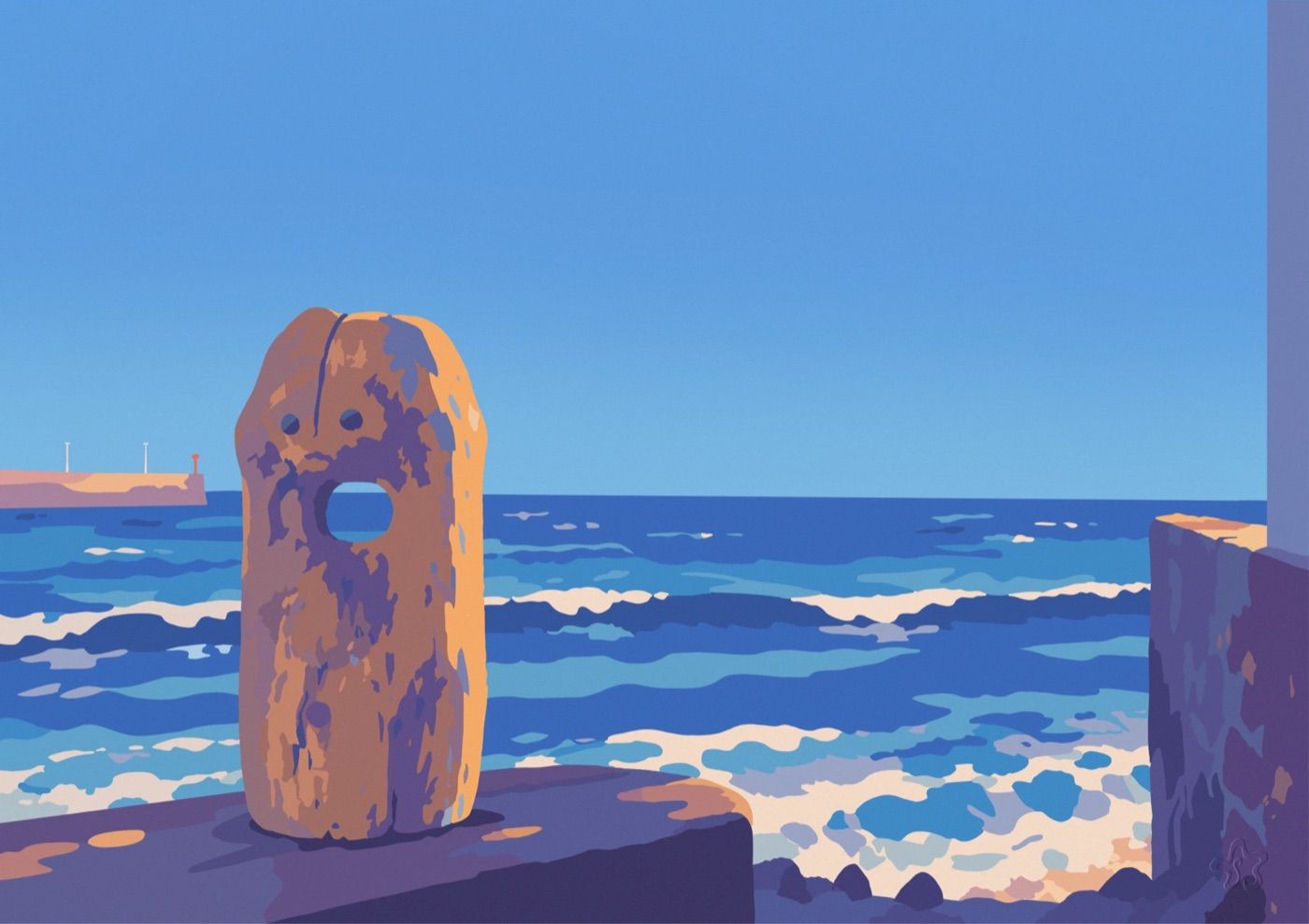 Une vieille bitte d'amarrage en pierre, rongée et dorée par le soleil, posée sur un quai violet face à la mer. Deux trous lui font des yeux et un troisième, rond, une bouche étonnée par laquelle on voit l'eau. Derrière, des vagues bleues frangées d'écume, une jetée et son phare au loin, sous un ciel bleu sans nuage.