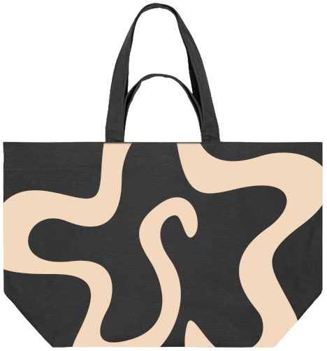 Le grand shopping bag en toile marron, deux paires d'anses, vu de face. Le logo Skalen, la fleur au S, y est sérigraphié en beige sur toute la face, si grand qu'il déborde des bords du sac.